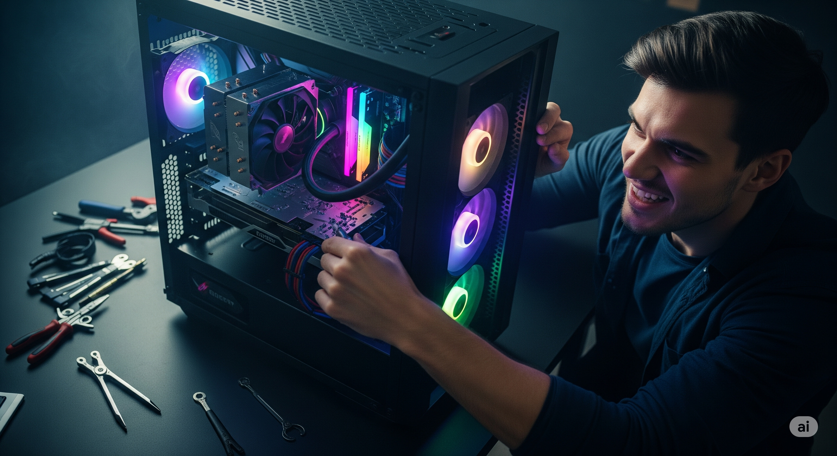 A custom-built AI workstation with powerful GPU for local AI processing.