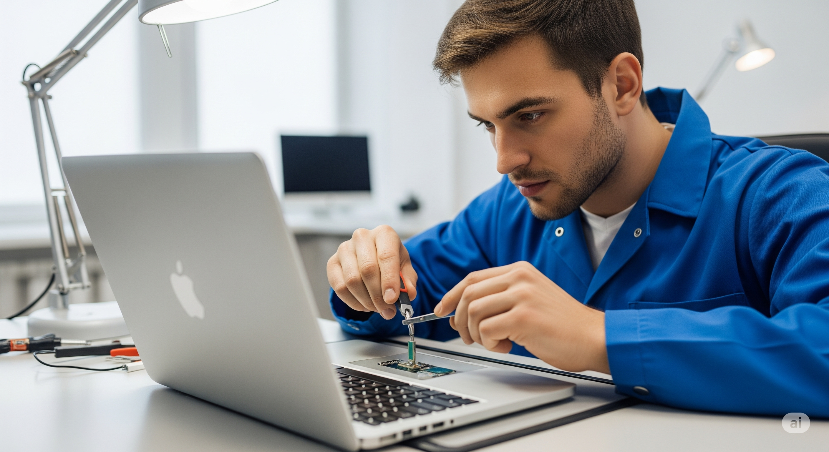 A MacBook Pro with repair tools nearby.