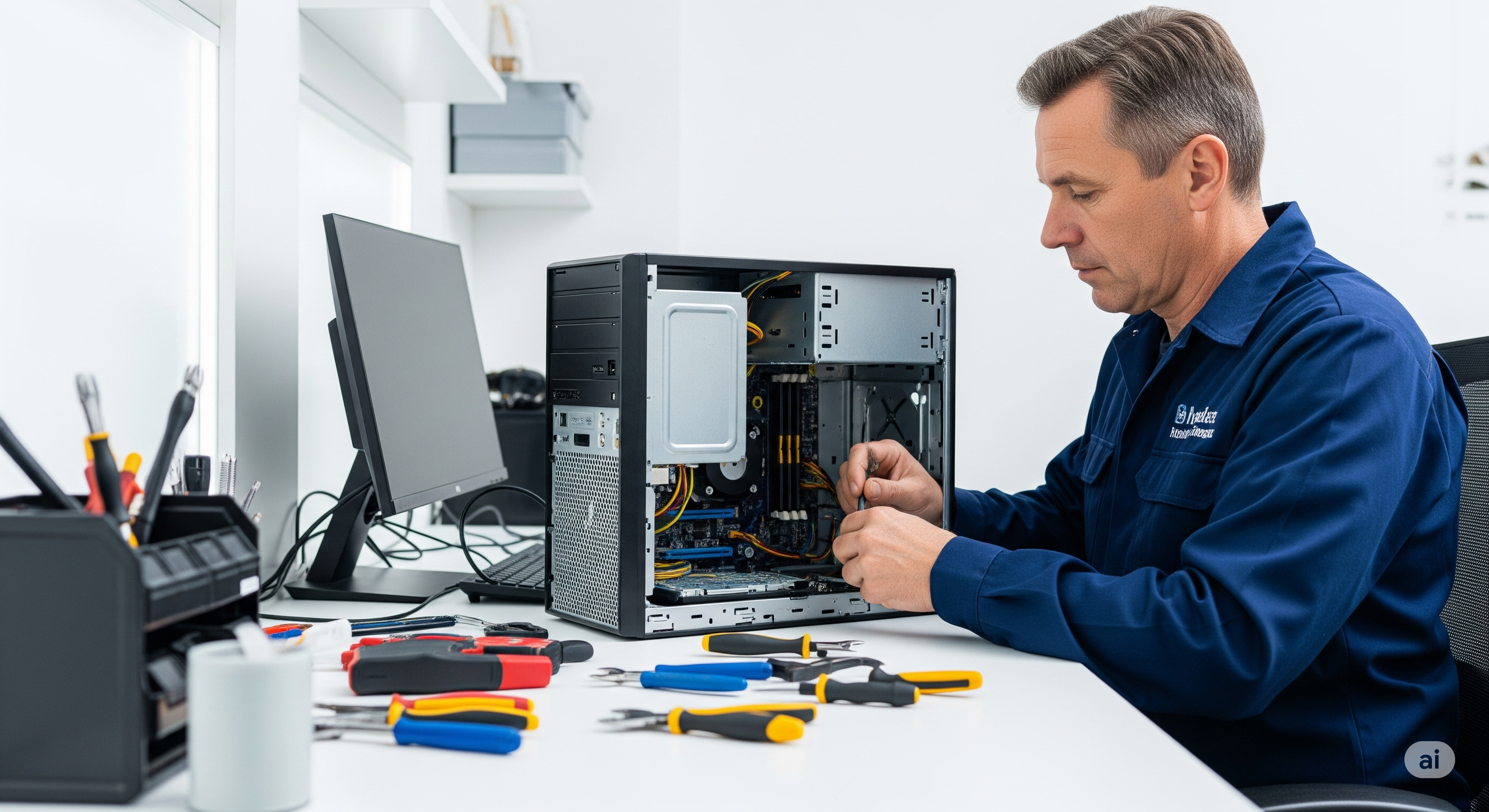 Technician placing a laptop into a padded shipping box for mail-in repair.