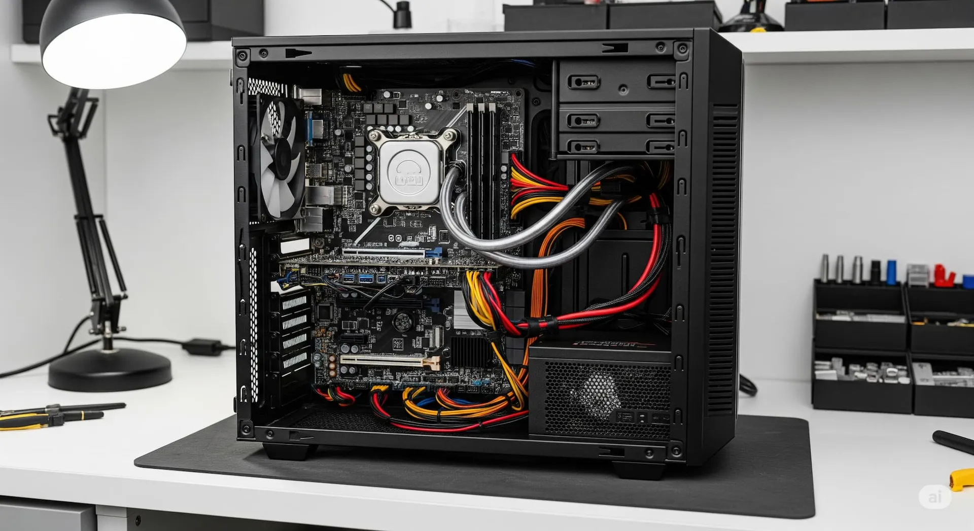 A technician replacing a desktop power supply.