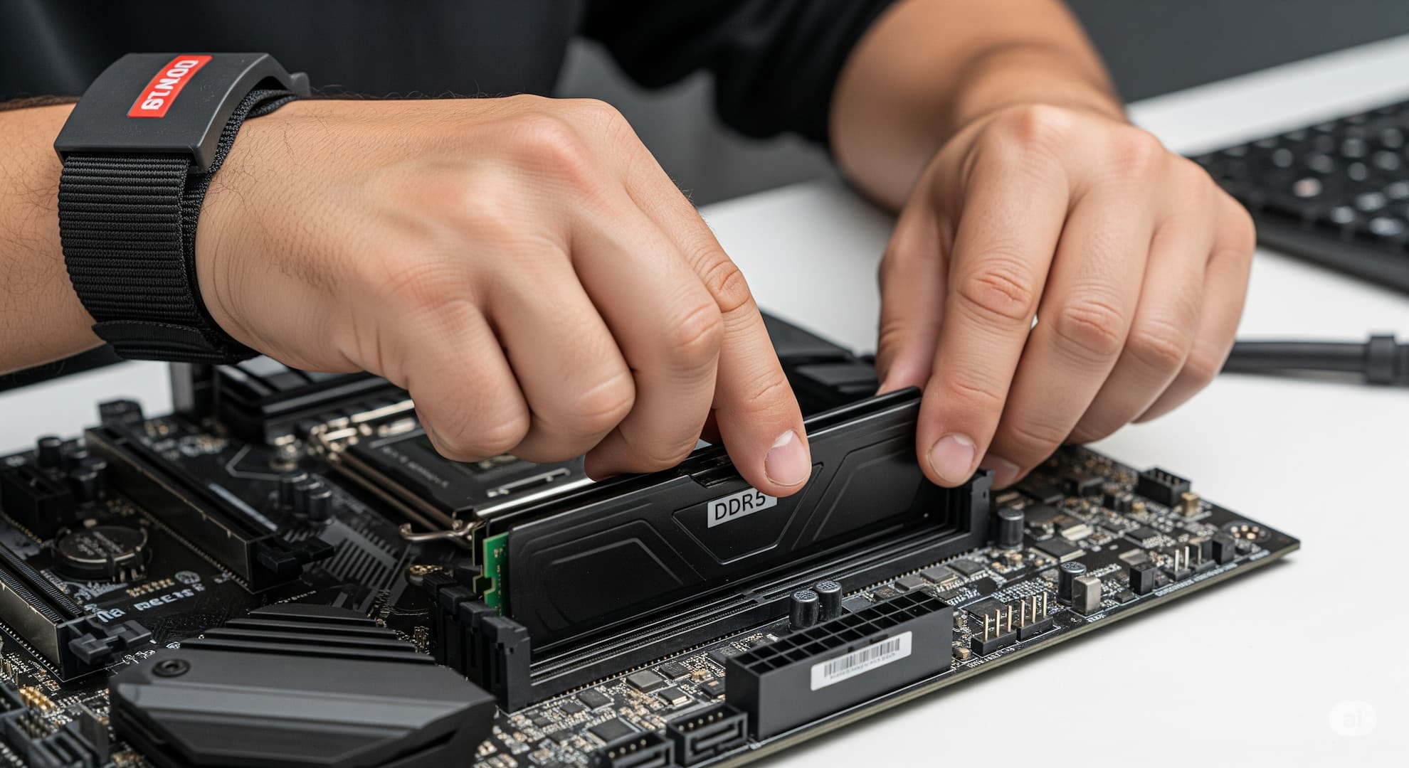 RAM modules being installed in a computer.