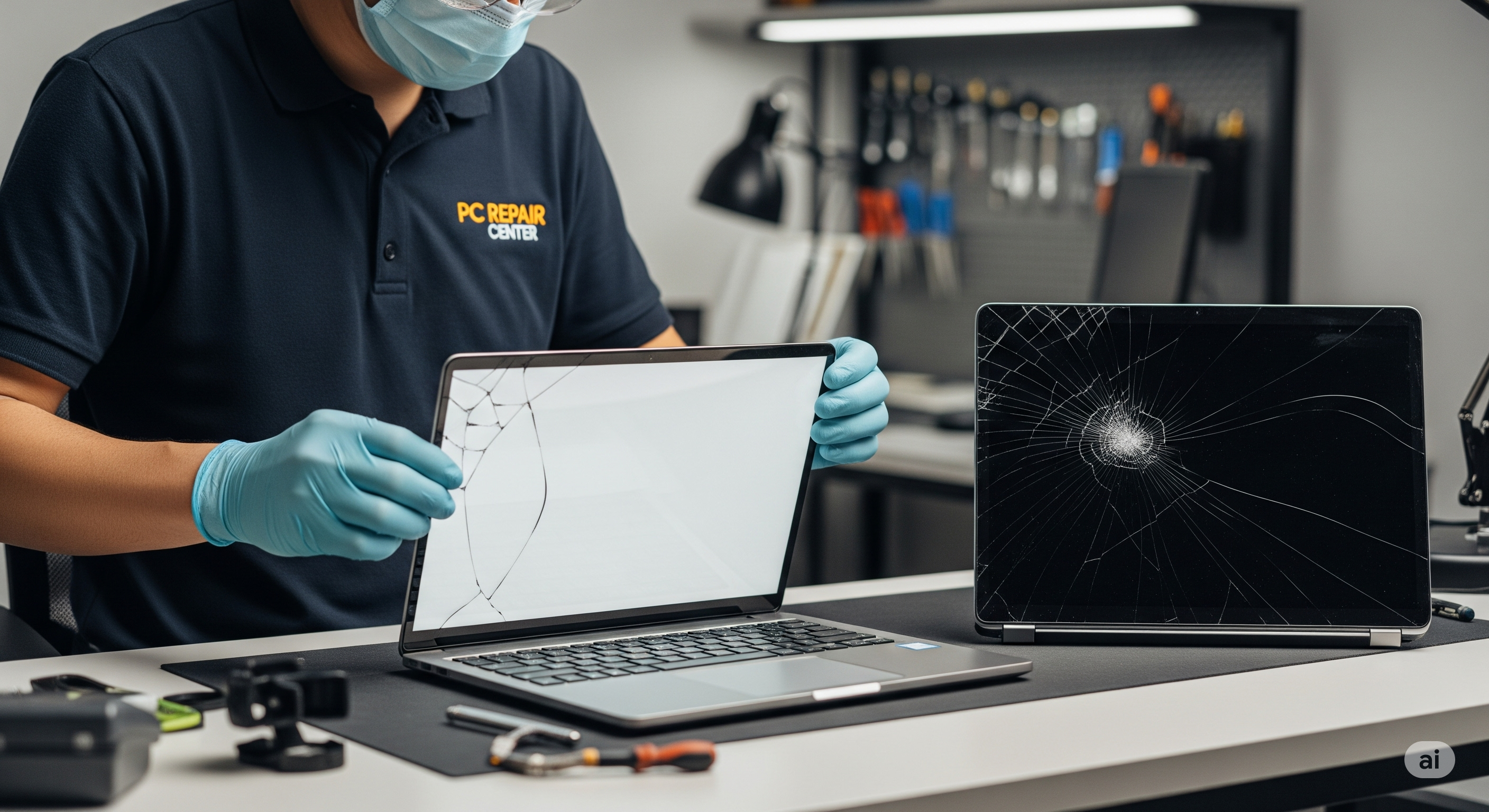 A cracked laptop screen next to a new replacement screen.