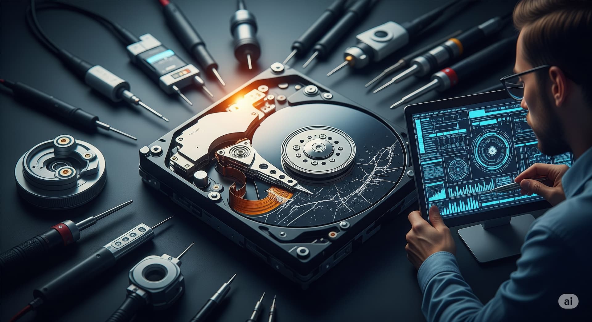 A technician examining a hard disk drive.