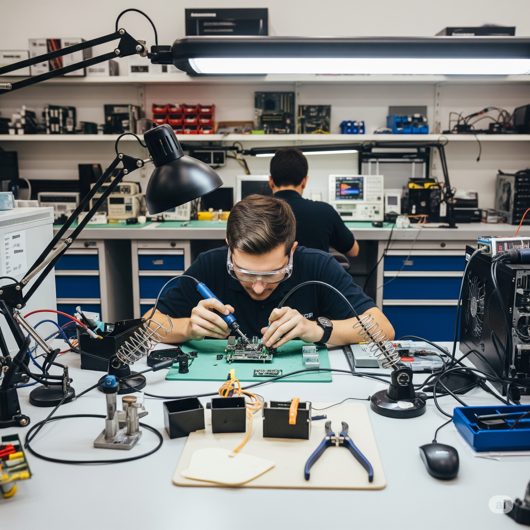 Technician performing micro-soldering on a circuit board.