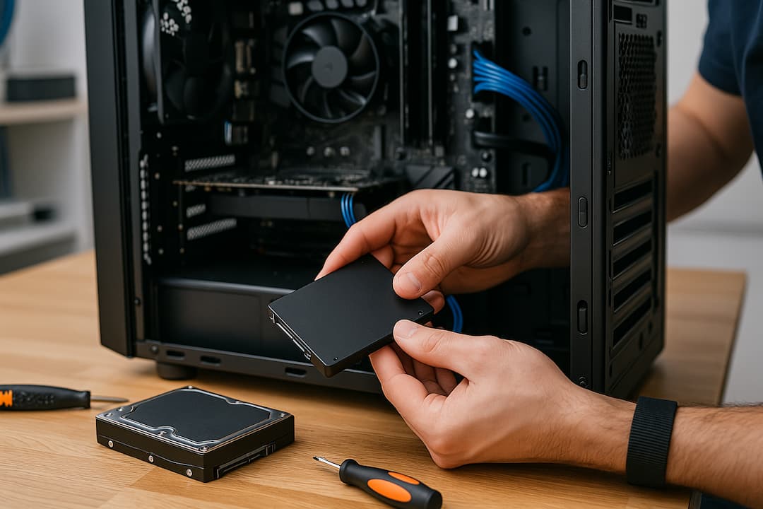 SSD drive being installed in a laptop.