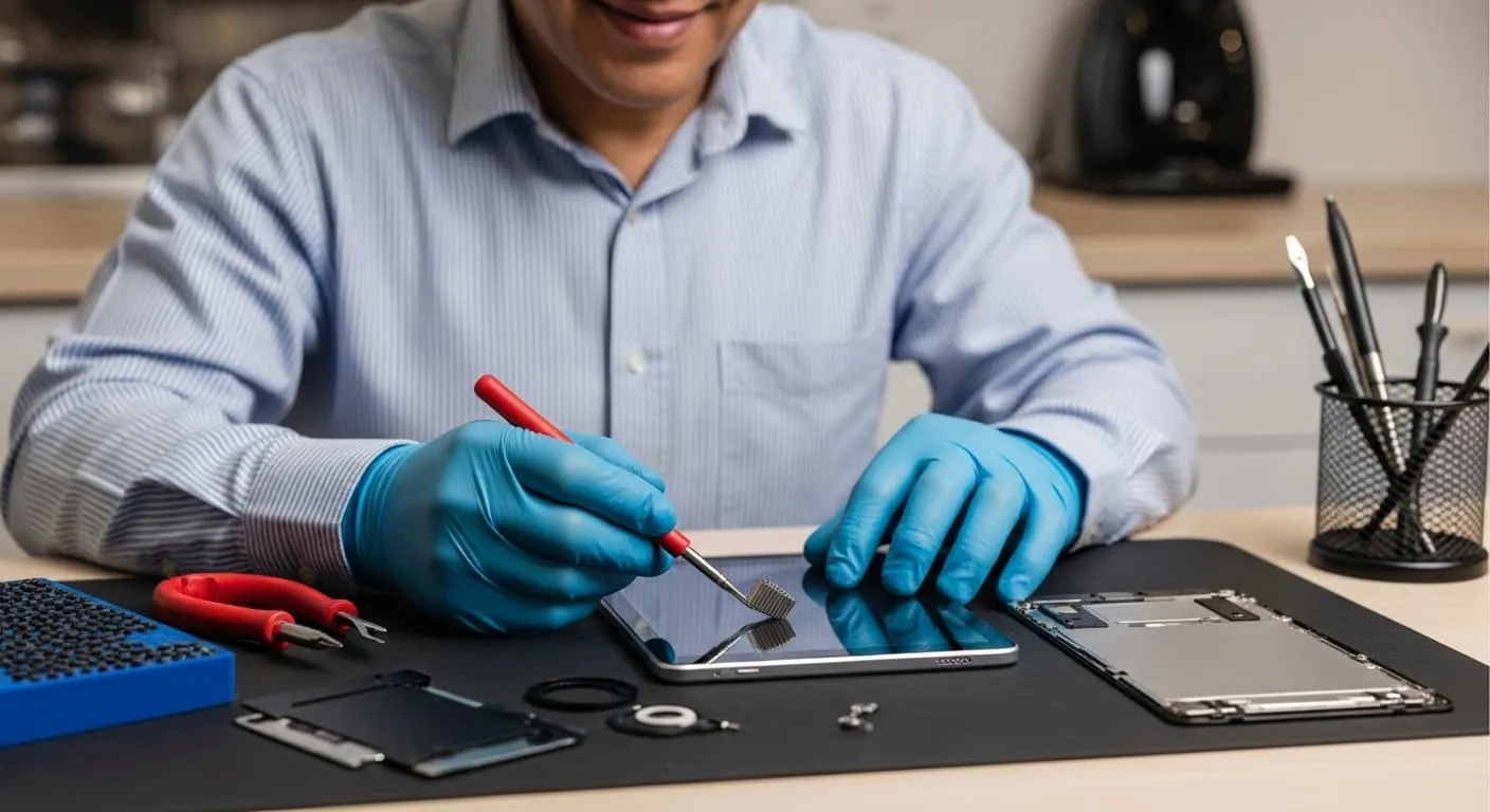 Tablet with a cracked screen being repaired.